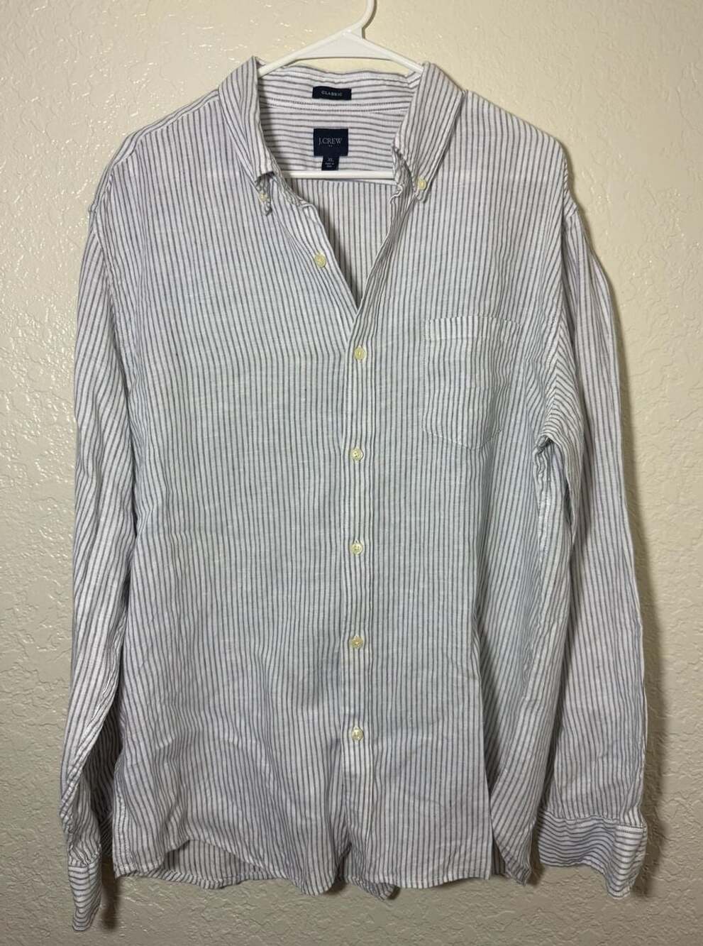 J.Crew Classic Long Sleeve Button Down Shirt Size XL White Gray Striped Linen